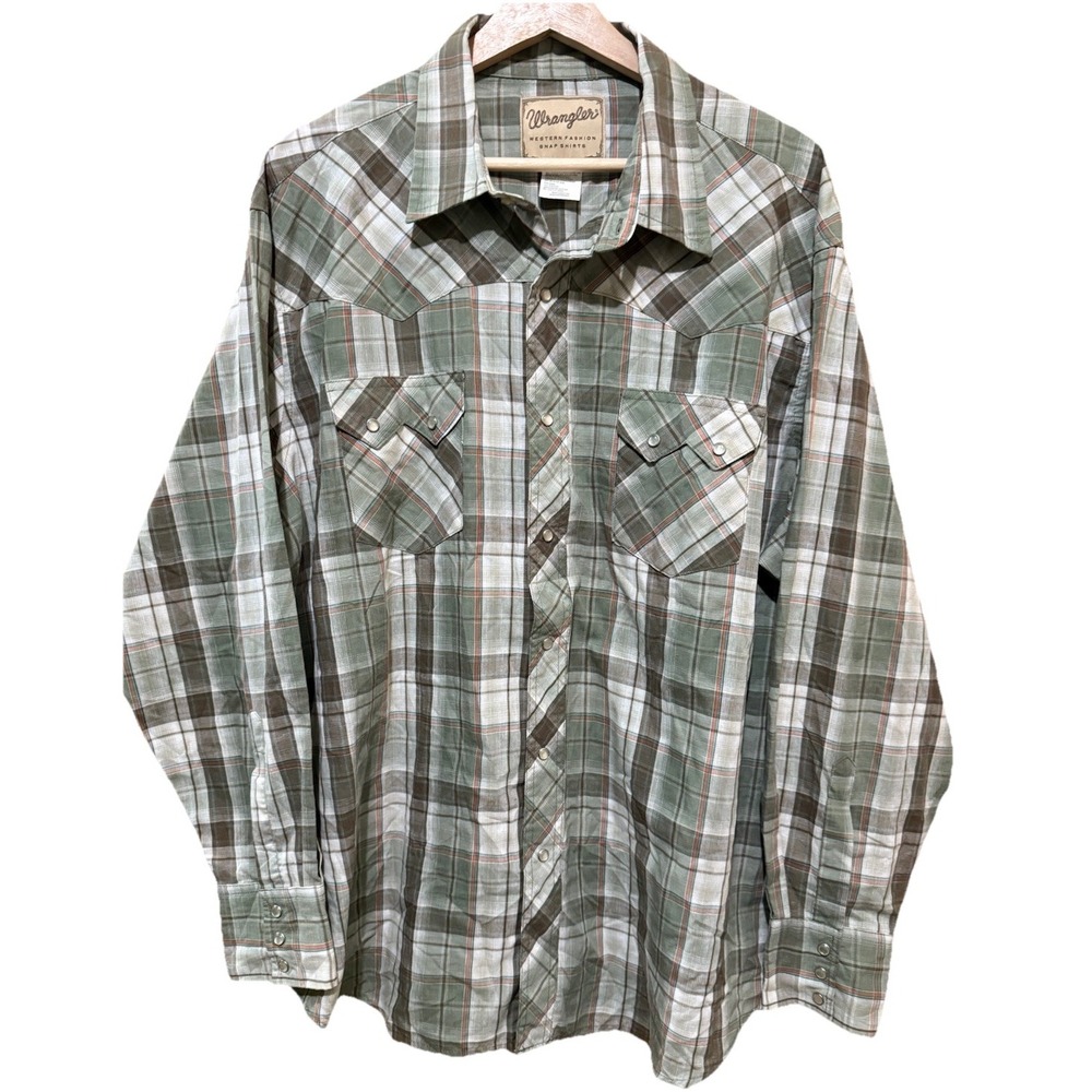 Wrangler Wrancher Pearl Snap Shirt Men's Size XXL Green/Tan Plaid Cotton Vintage - Picture 4 of 4